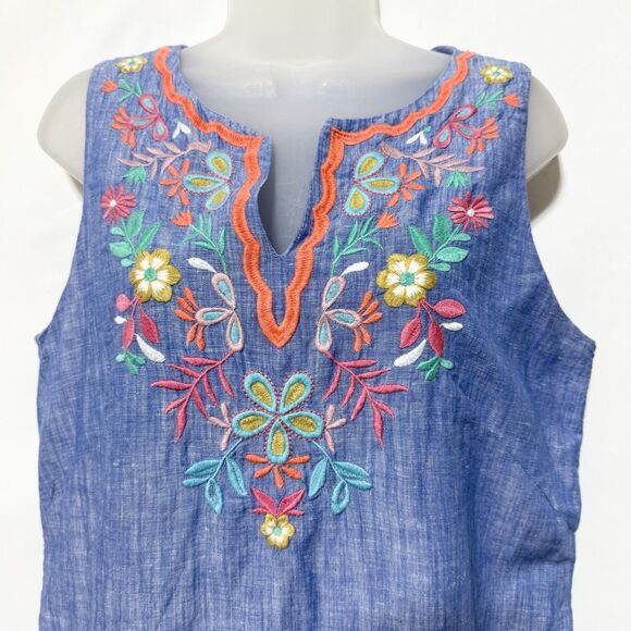 Talbots Linen Blend Floral Embroidered Chambray Shift Dress Blue Size 10 - Picture 3 of 10